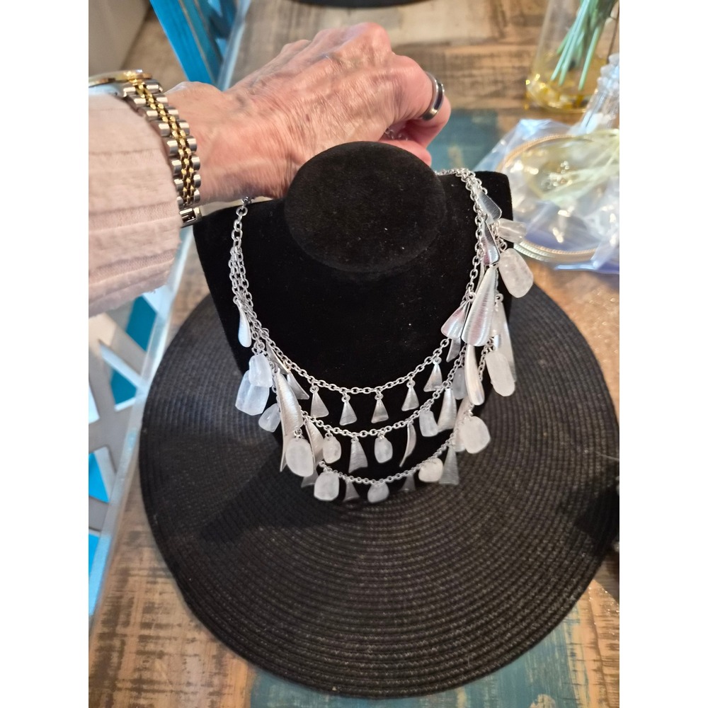 Silver Tone Multi Strand Bib Statement Necklace Frosted Glass Teardrop Fringe